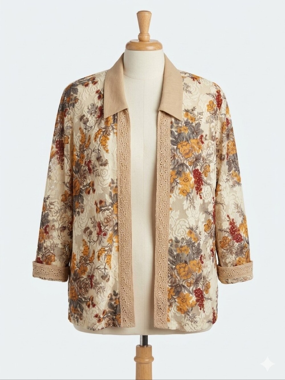 R&M Richards Cream Floral Lace Open Jacket w/ Beige Crochet Trim Sz 22P